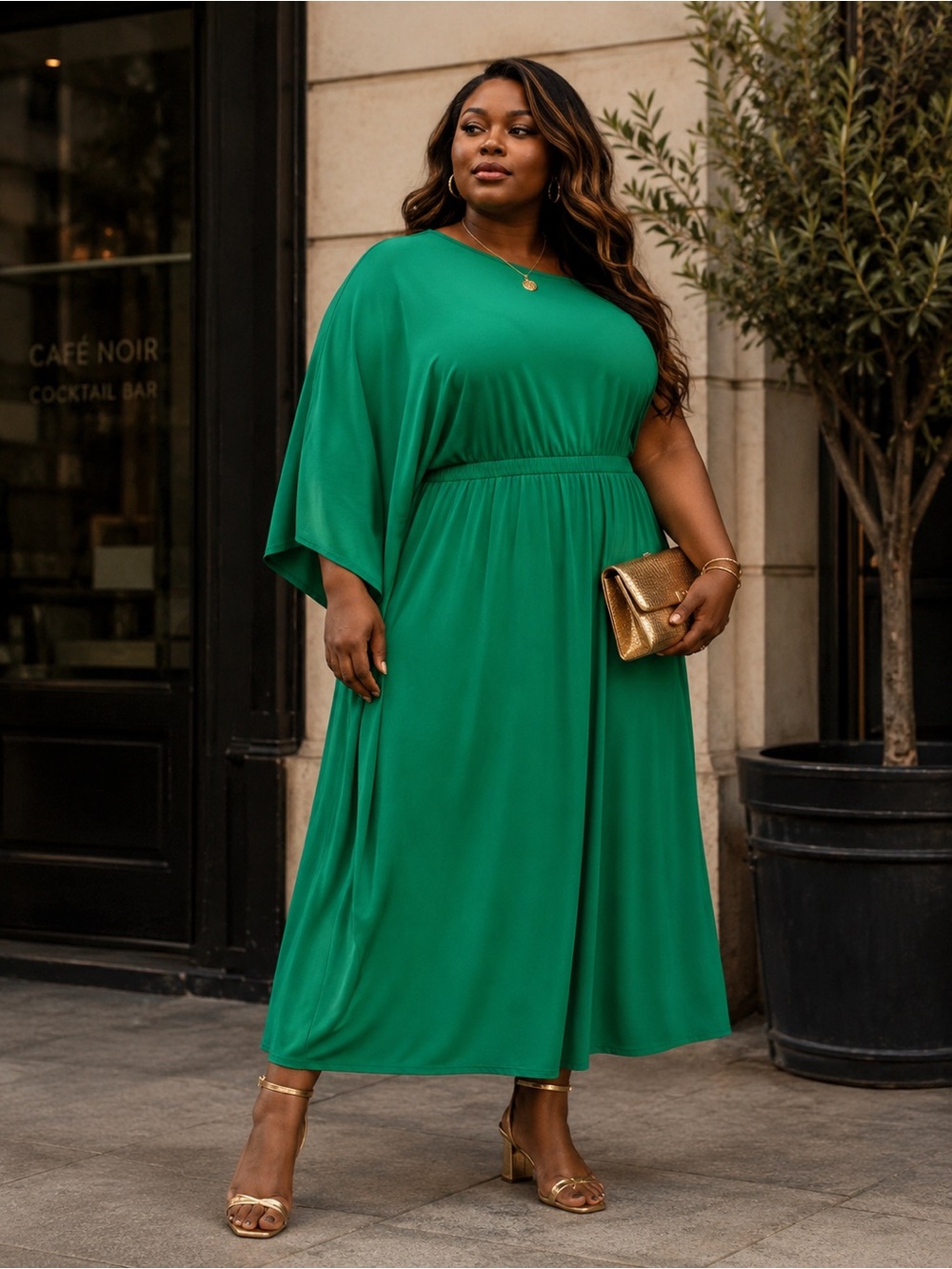 NWT Eloquii Emerald Green One-Shoulder Cape Sleeve Jersey Knit Midi Dress 26/28